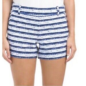 NWT SPANX Sunshine Shorts 6" Inseam Blue & White Painted Stripe Print Size L